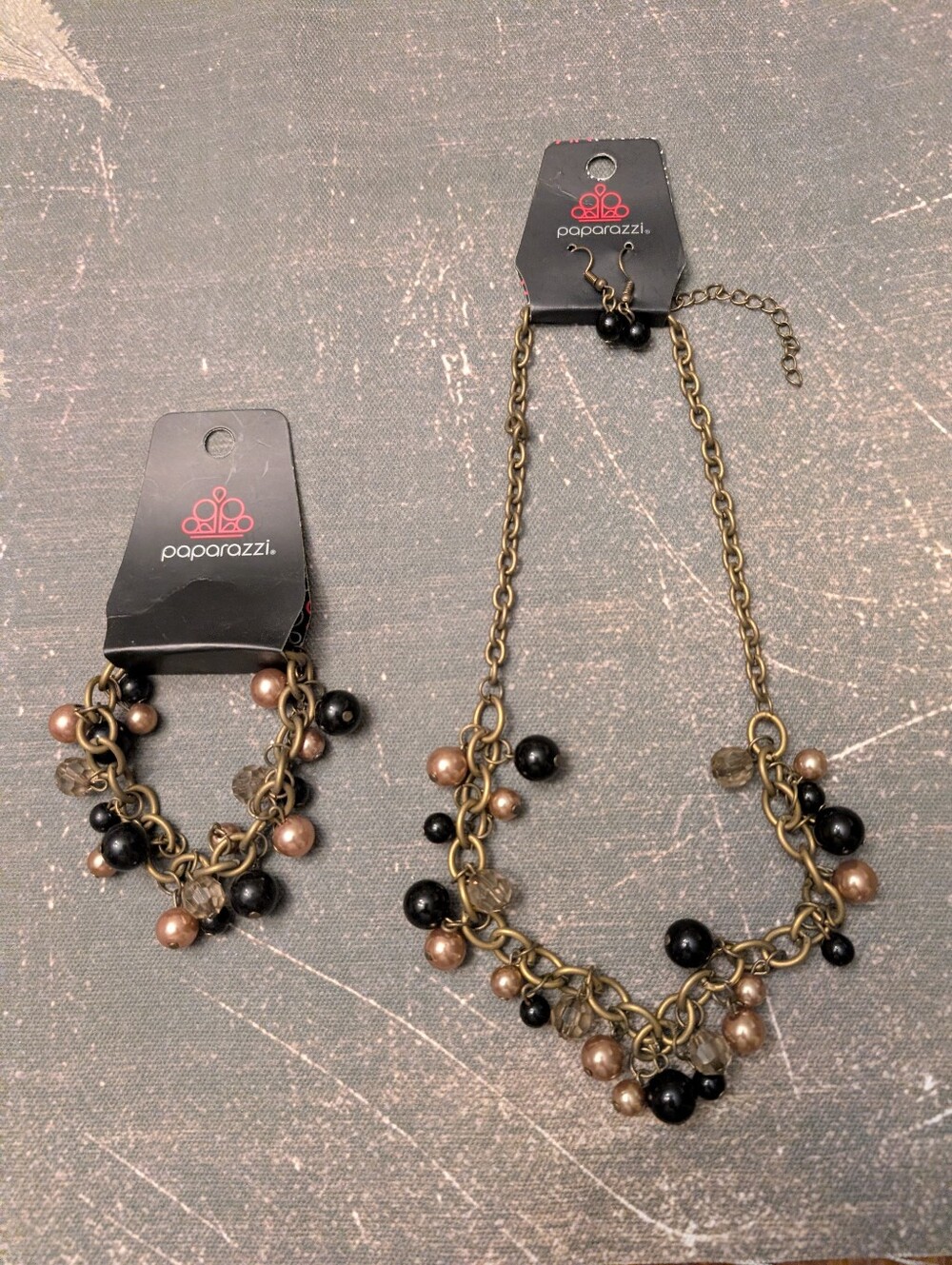 Paparazzi Black & Champagne Beaded Chain Necklace, Earrings and Bracelet Set